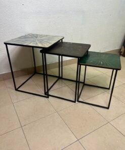 Set of 3 Geometric Nesting Tables – Minimalist Black Metal Frame with Unique Sunburst Art Glass/Terrazzo Tops - Image 5