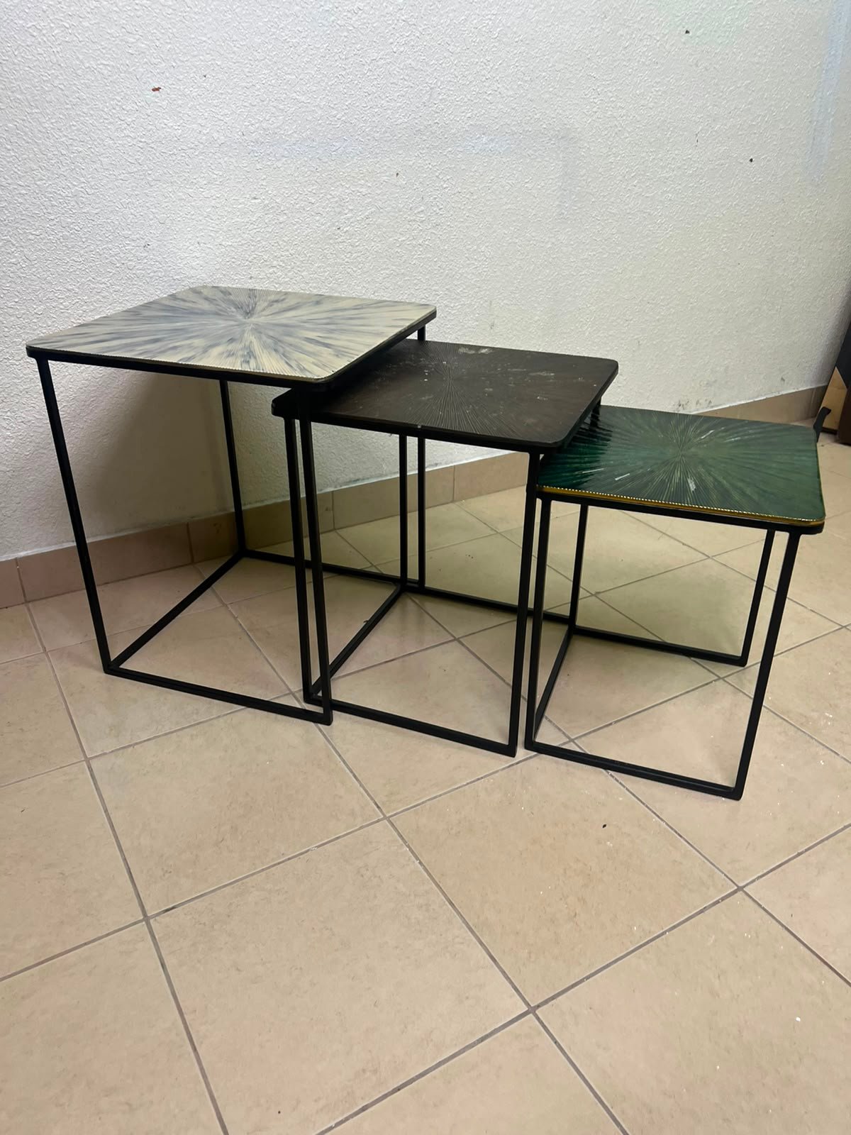 Set of 3 Geometric Nesting Tables – Minimalist Black Metal Frame with Unique Sunburst Art Glass/Terrazzo Tops - Image 5
