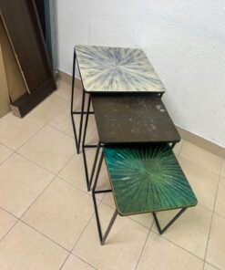 Set of 3 Geometric Nesting Tables – Minimalist Black Metal Frame with Unique Sunburst Art Glass/Terrazzo Tops - Image 6