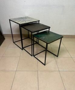 Set of 3 Geometric Nesting Tables – Minimalist Black Metal Frame with Unique Sunburst Art Glass/Terrazzo Tops - Image 7