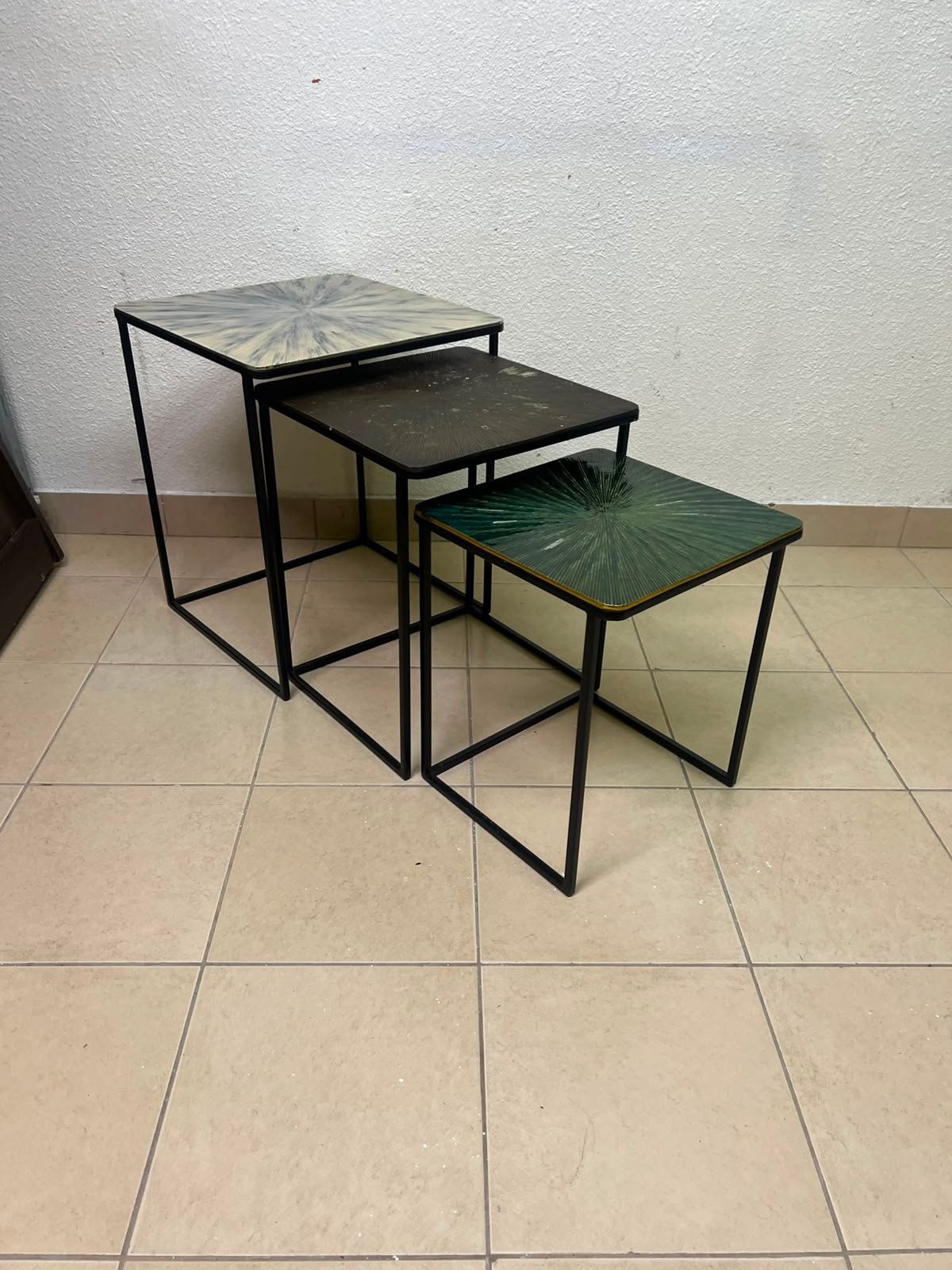 Set of 3 Geometric Nesting Tables – Minimalist Black Metal Frame with Unique Sunburst Art Glass/Terrazzo Tops - Image 7