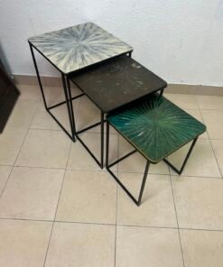 Set of 3 Geometric Nesting Tables – Minimalist Black Metal Frame with Unique Sunburst Art Glass/Terrazzo Tops