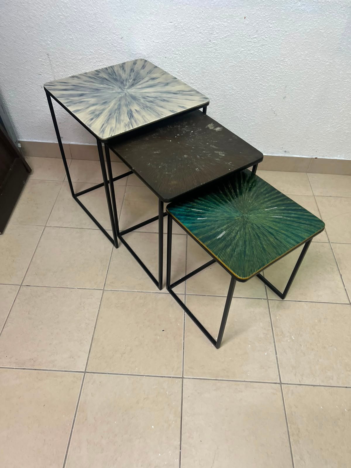 Set of 3 Geometric Nesting Tables – Minimalist Black Metal Frame with Unique Sunburst Art Glass/Terrazzo Tops