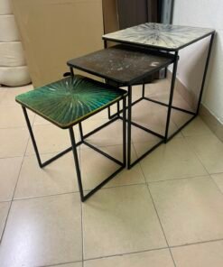 Set of 3 Geometric Nesting Tables – Minimalist Black Metal Frame with Unique Sunburst Art Glass/Terrazzo Tops - Image 9