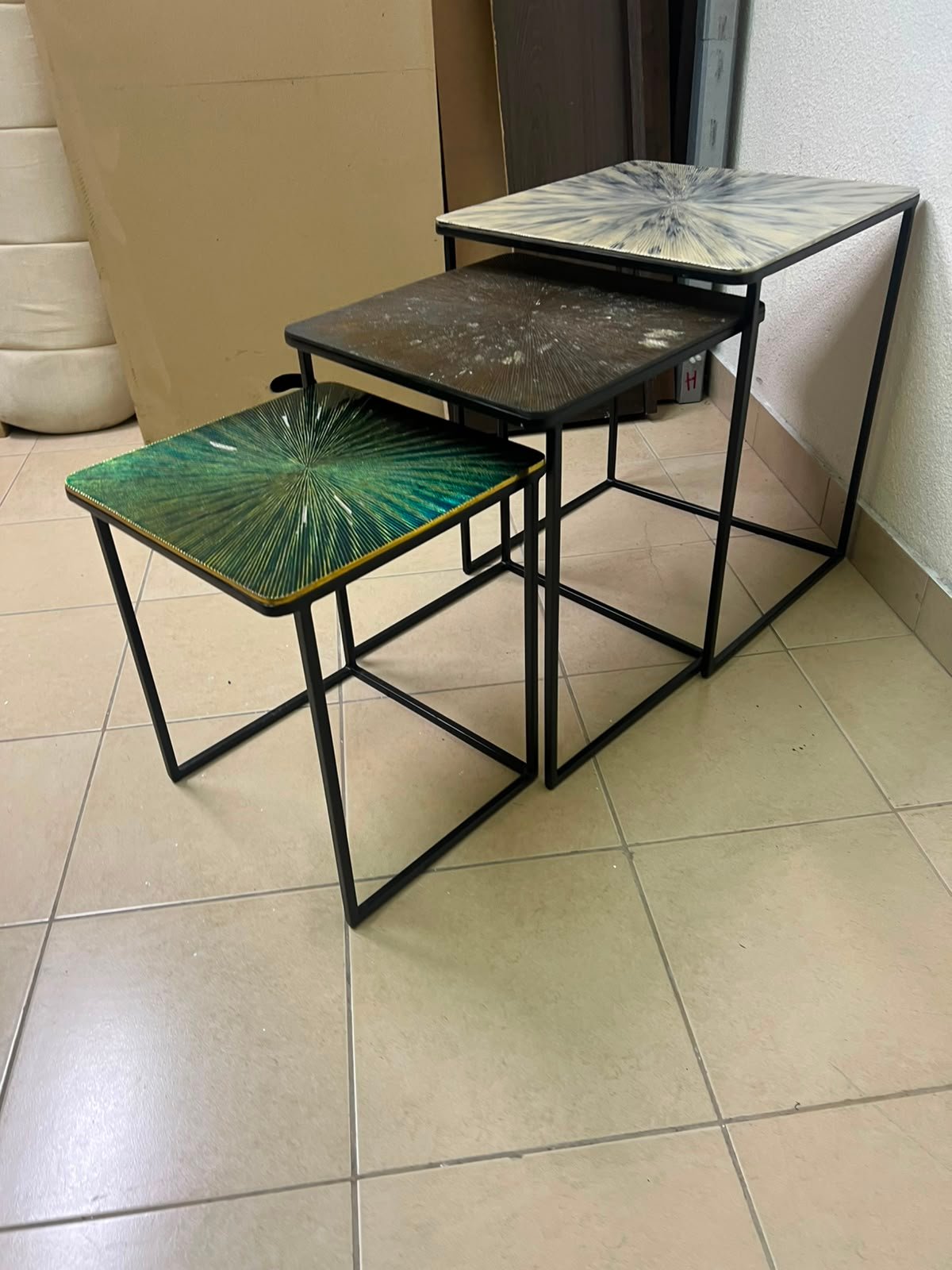 Set of 3 Geometric Nesting Tables – Minimalist Black Metal Frame with Unique Sunburst Art Glass/Terrazzo Tops - Image 9