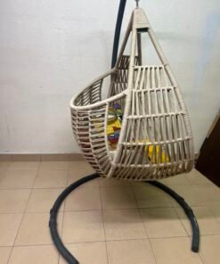 Bohemian Beige Wicker Hanging Egg Chair with Stand – Indoor/Outdoor Rattan Swing Chair with Black Metal Base, Chain & Bonus Throw Pillows - Image 2