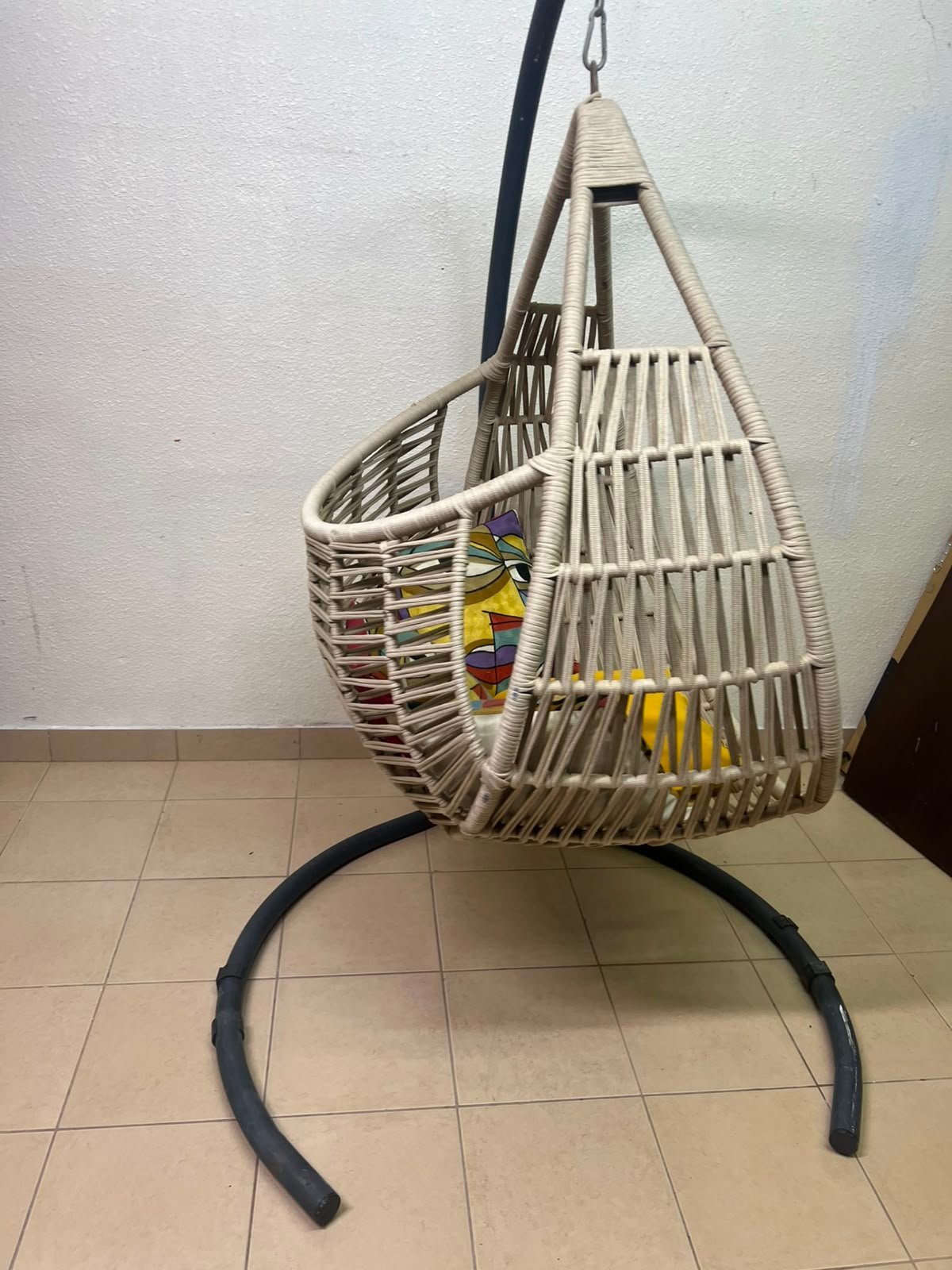 Bohemian Beige Wicker Hanging Egg Chair with Stand – Indoor/Outdoor Rattan Swing Chair with Black Metal Base, Chain & Bonus Throw Pillows - Image 2