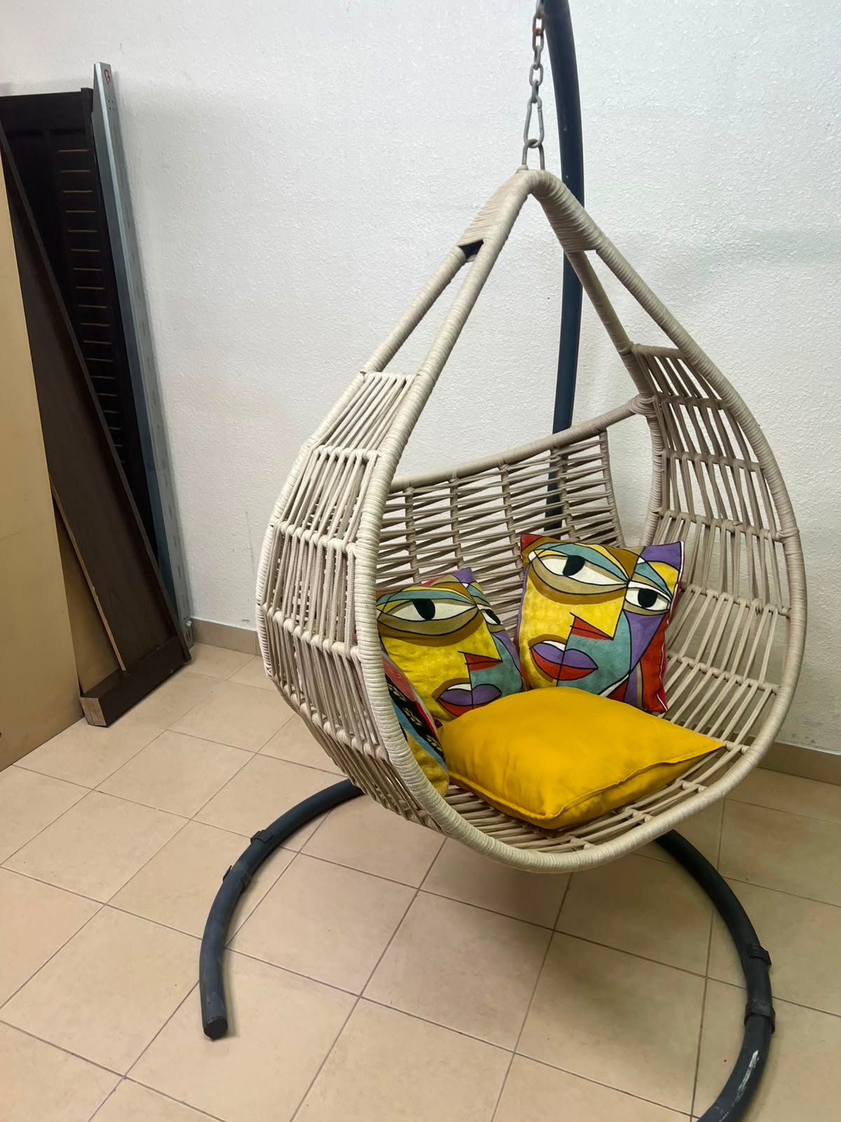 Bohemian Beige Wicker Hanging Egg Chair with Stand – Indoor/Outdoor Rattan Swing Chair with Black Metal Base, Chain & Bonus Throw Pillows - Image 3