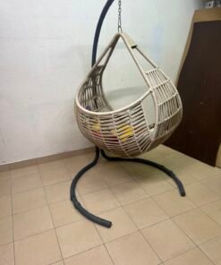 Bohemian Beige Wicker Hanging Egg Chair with Stand – Indoor/Outdoor Rattan Swing Chair with Black Metal Base, Chain & Bonus Throw Pillows - Image 4