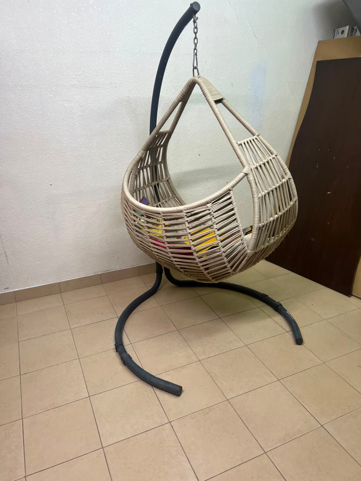 Bohemian Beige Wicker Hanging Egg Chair with Stand – Indoor/Outdoor Rattan Swing Chair with Black Metal Base, Chain & Bonus Throw Pillows - Image 4