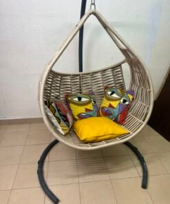 Bohemian Beige Wicker Hanging Egg Chair with Stand – Indoor/Outdoor Rattan Swing Chair with Black Metal Base, Chain & Bonus Throw Pillows - Image 5