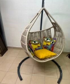 Bohemian Beige Wicker Hanging Egg Chair with Stand – Indoor/Outdoor Rattan Swing Chair with Black Metal Base, Chain & Bonus Throw Pillows