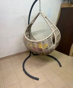 Bohemian Beige Wicker Hanging Egg Chair with Stand – Indoor/Outdoor Rattan Swing Chair with Black Metal Base, Chain & Bonus Throw Pillows - Image 7