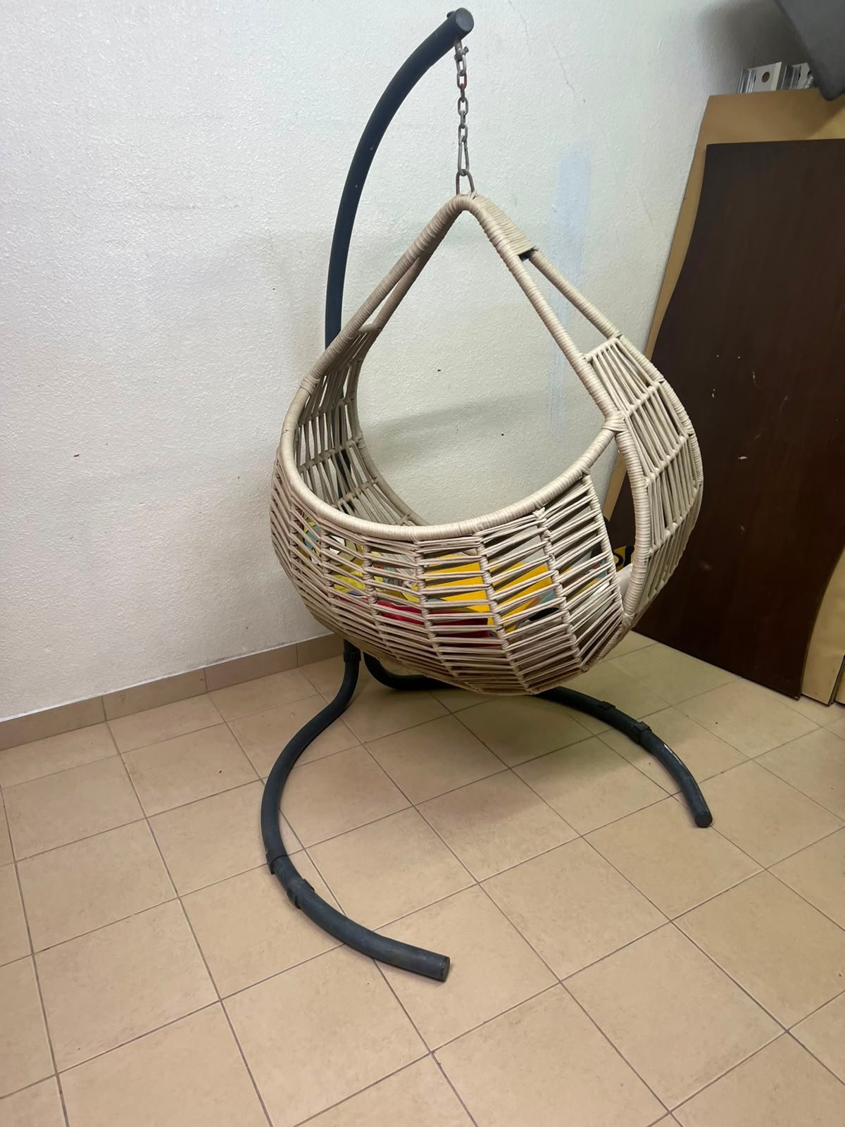 Bohemian Beige Wicker Hanging Egg Chair with Stand – Indoor/Outdoor Rattan Swing Chair with Black Metal Base, Chain & Bonus Throw Pillows - Image 7