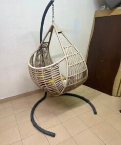 Bohemian Beige Wicker Hanging Egg Chair with Stand – Indoor/Outdoor Rattan Swing Chair with Black Metal Base, Chain & Bonus Throw Pillows - Image 8