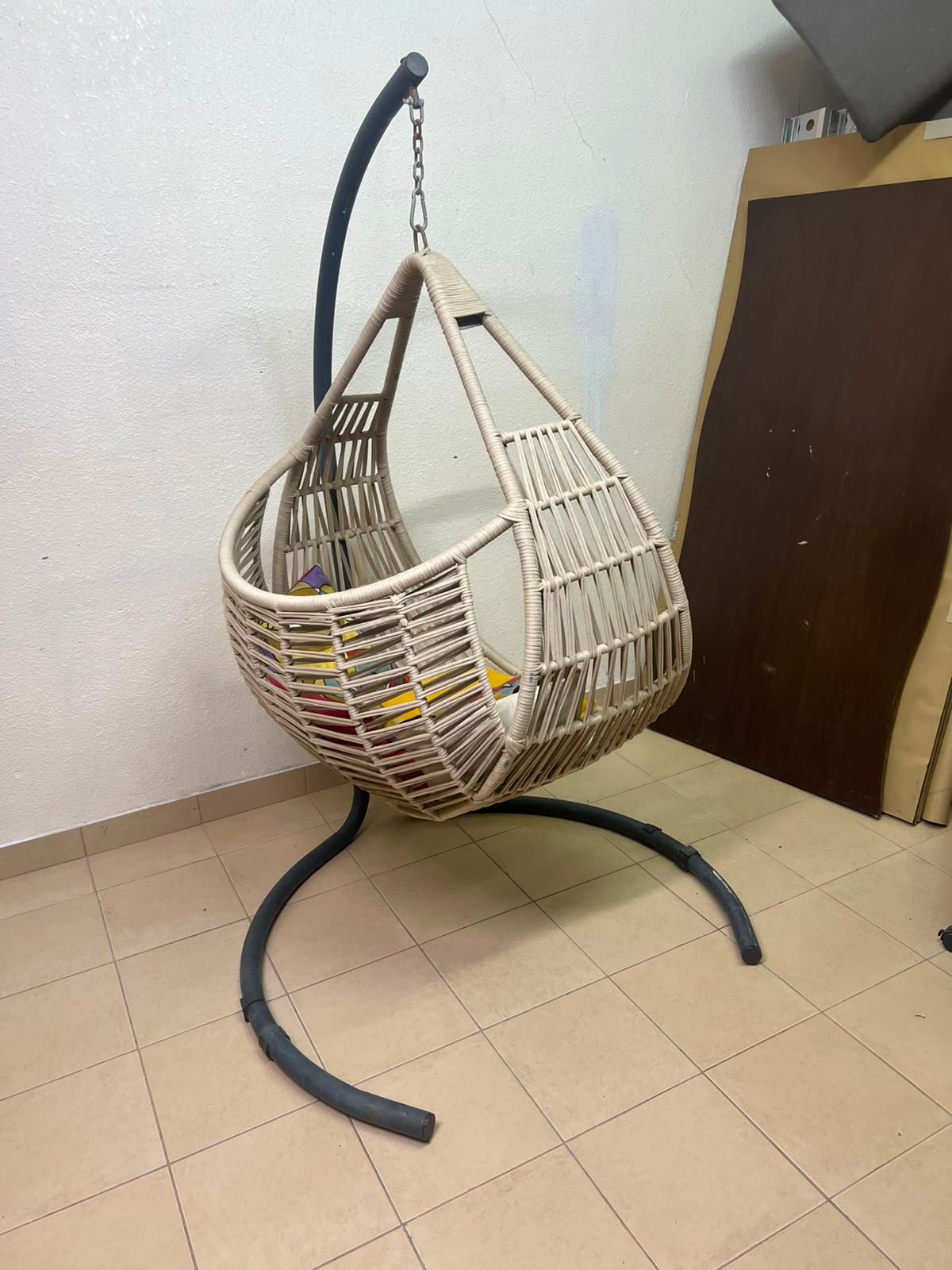Bohemian Beige Wicker Hanging Egg Chair with Stand – Indoor/Outdoor Rattan Swing Chair with Black Metal Base, Chain & Bonus Throw Pillows - Image 8