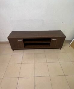 Dark Walnut TV Stand / Media Console with 2 Cabinets & 2 Open Shelves – Wood Grain Low-Profile Entertainment Center with Silver Handles - Image 2