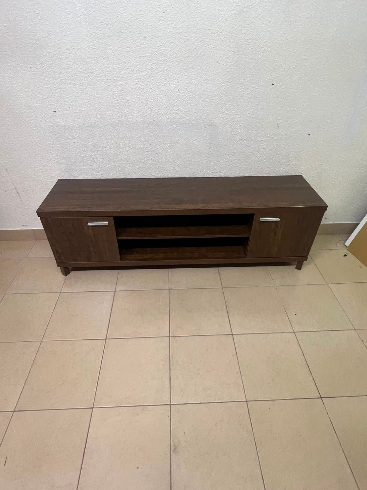 Dark Walnut TV Stand / Media Console with 2 Cabinets & 2 Open Shelves – Wood Grain Low-Profile Entertainment Center with Silver Handles - Image 2