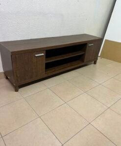 Dark Walnut TV Stand / Media Console with 2 Cabinets & 2 Open Shelves – Wood Grain Low-Profile Entertainment Center with Silver Handles - Image 3
