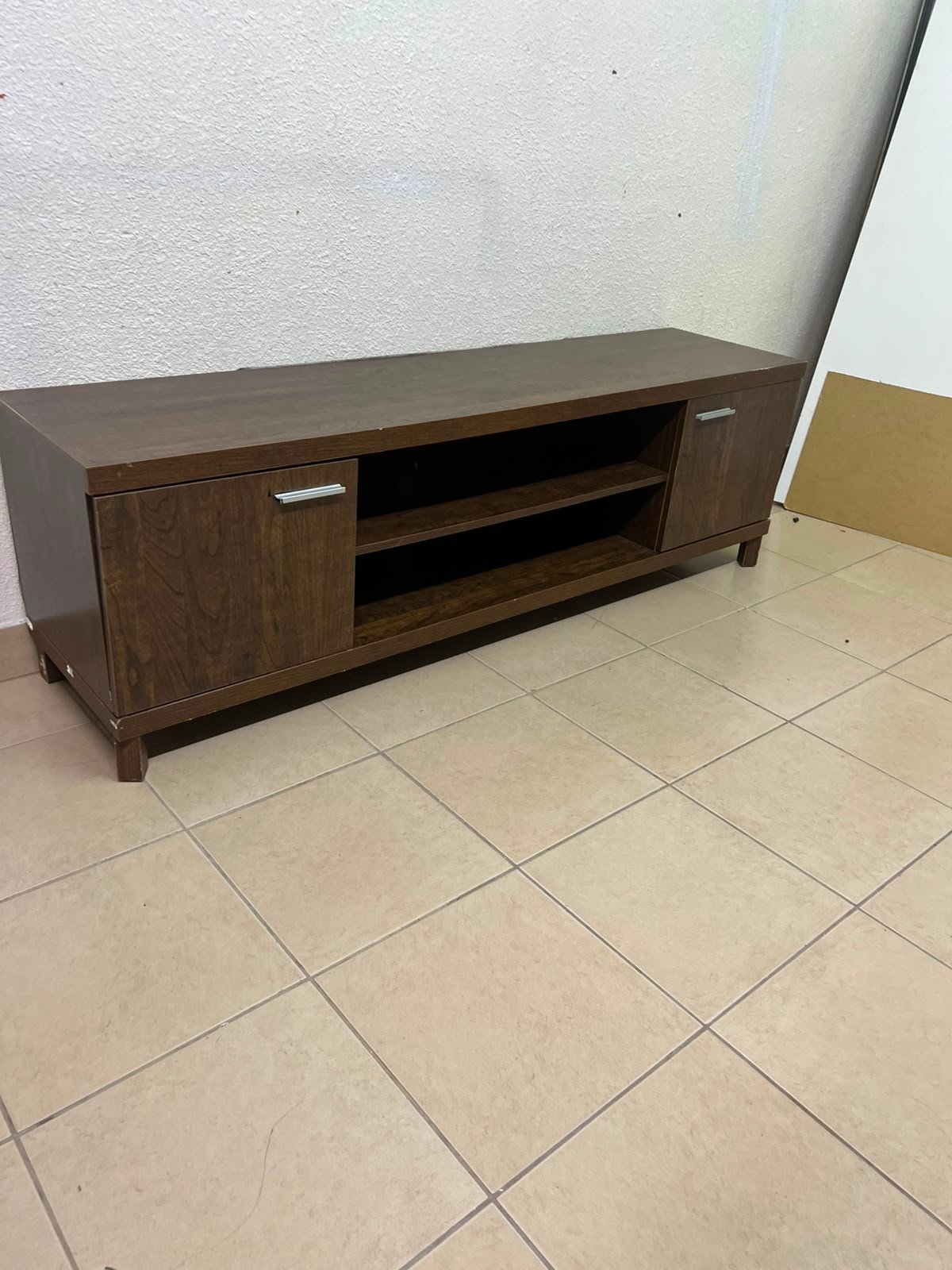 Dark Walnut TV Stand / Media Console with 2 Cabinets & 2 Open Shelves – Wood Grain Low-Profile Entertainment Center with Silver Handles - Image 3
