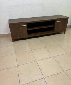 Dark Walnut TV Stand / Media Console with 2 Cabinets & 2 Open Shelves – Wood Grain Low-Profile Entertainment Center with Silver Handles - Image 4