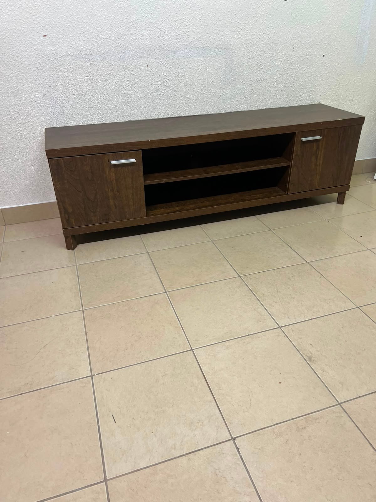 Dark Walnut TV Stand / Media Console with 2 Cabinets & 2 Open Shelves – Wood Grain Low-Profile Entertainment Center with Silver Handles - Image 4