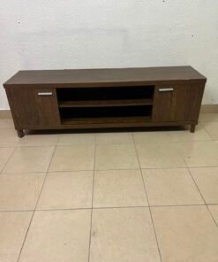 Dark Walnut TV Stand / Media Console with 2 Cabinets & 2 Open Shelves – Wood Grain Low-Profile Entertainment Center with Silver Handles - Image 6