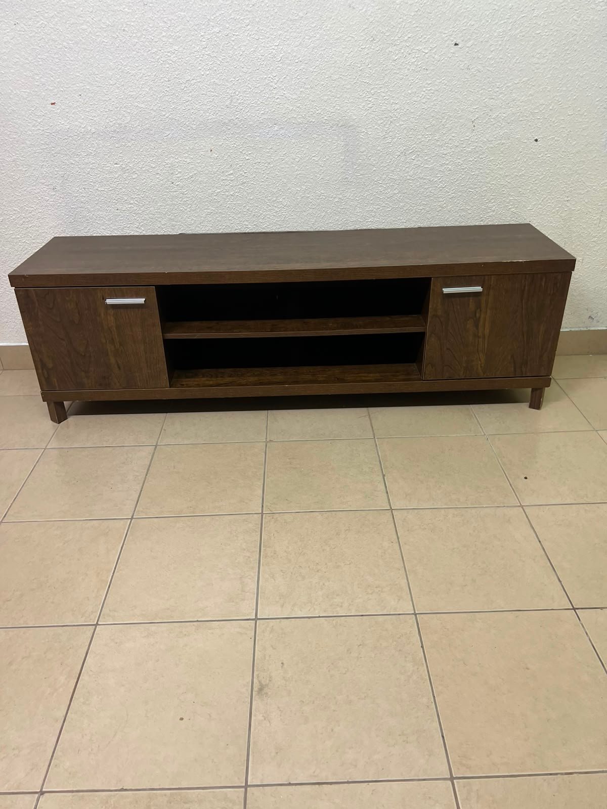 Dark Walnut TV Stand / Media Console with 2 Cabinets & 2 Open Shelves – Wood Grain Low-Profile Entertainment Center with Silver Handles - Image 6