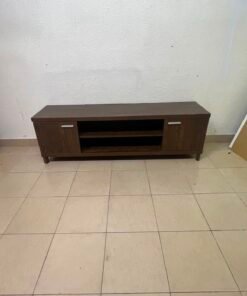 Dark Walnut TV Stand / Media Console with 2 Cabinets & 2 Open Shelves – Wood Grain Low-Profile Entertainment Center with Silver Handles - Image 7