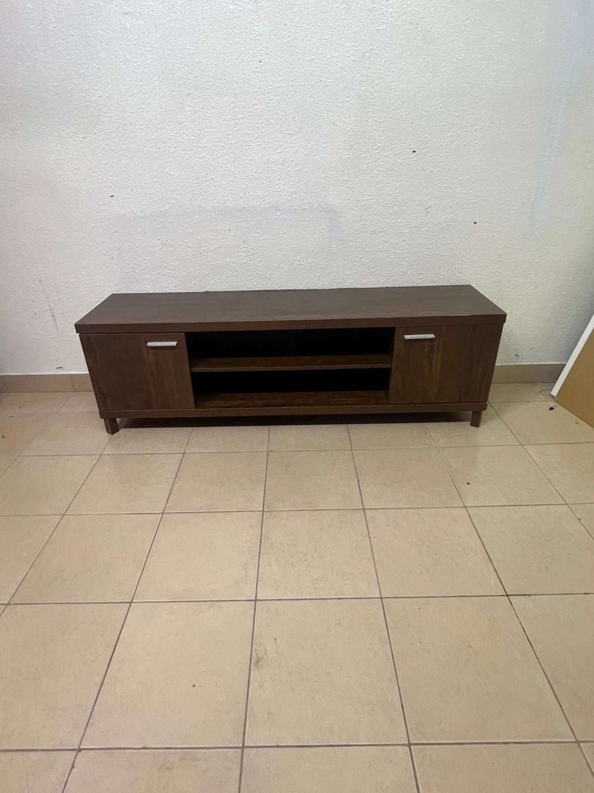 Dark Walnut TV Stand / Media Console with 2 Cabinets & 2 Open Shelves – Wood Grain Low-Profile Entertainment Center with Silver Handles - Image 7