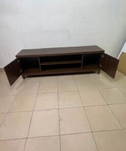 Dark Walnut TV Stand / Media Console with 2 Cabinets & 2 Open Shelves – Wood Grain Low-Profile Entertainment Center with Silver Handles - Image 8