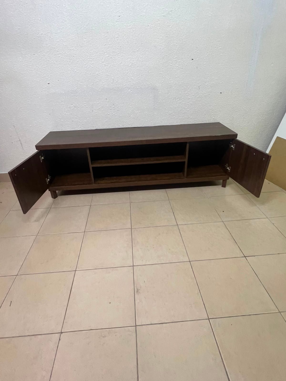 Dark Walnut TV Stand / Media Console with 2 Cabinets & 2 Open Shelves – Wood Grain Low-Profile Entertainment Center with Silver Handles - Image 8