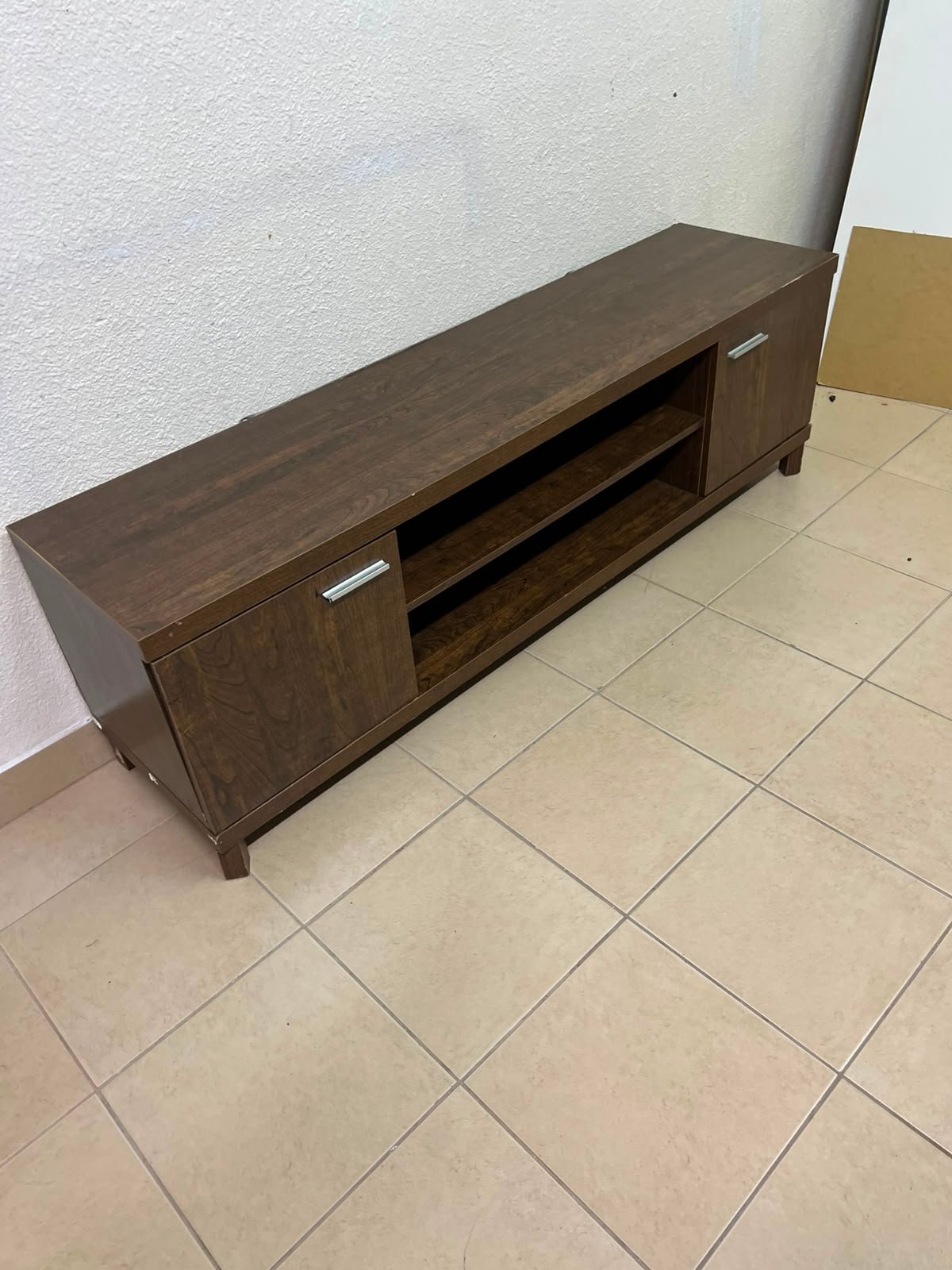 Dark Walnut TV Stand / Media Console with 2 Cabinets & 2 Open Shelves – Wood Grain Low-Profile Entertainment Center with Silver Handles - Image 9