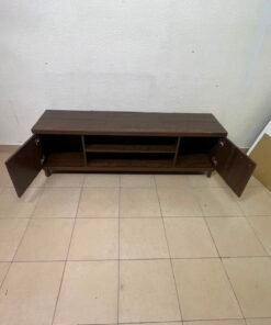 Dark Walnut TV Stand / Media Console with 2 Cabinets & 2 Open Shelves – Wood Grain Low-Profile Entertainment Center with Silver Handles - Image 10