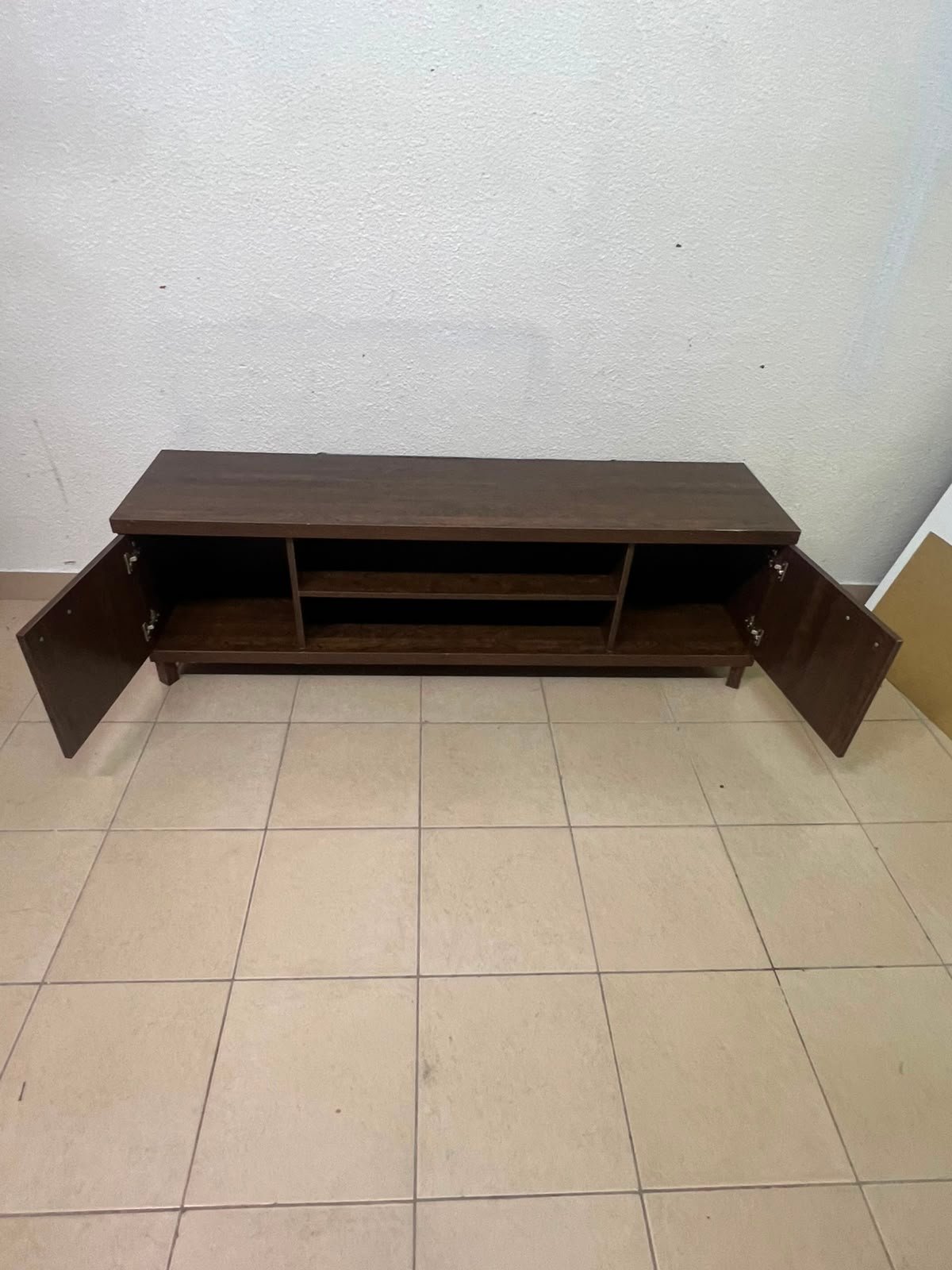 Dark Walnut TV Stand / Media Console with 2 Cabinets & 2 Open Shelves – Wood Grain Low-Profile Entertainment Center with Silver Handles - Image 10