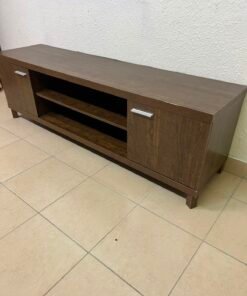Dark Walnut TV Stand / Media Console with 2 Cabinets & 2 Open Shelves – Wood Grain Low-Profile Entertainment Center with Silver Handles - Image 11