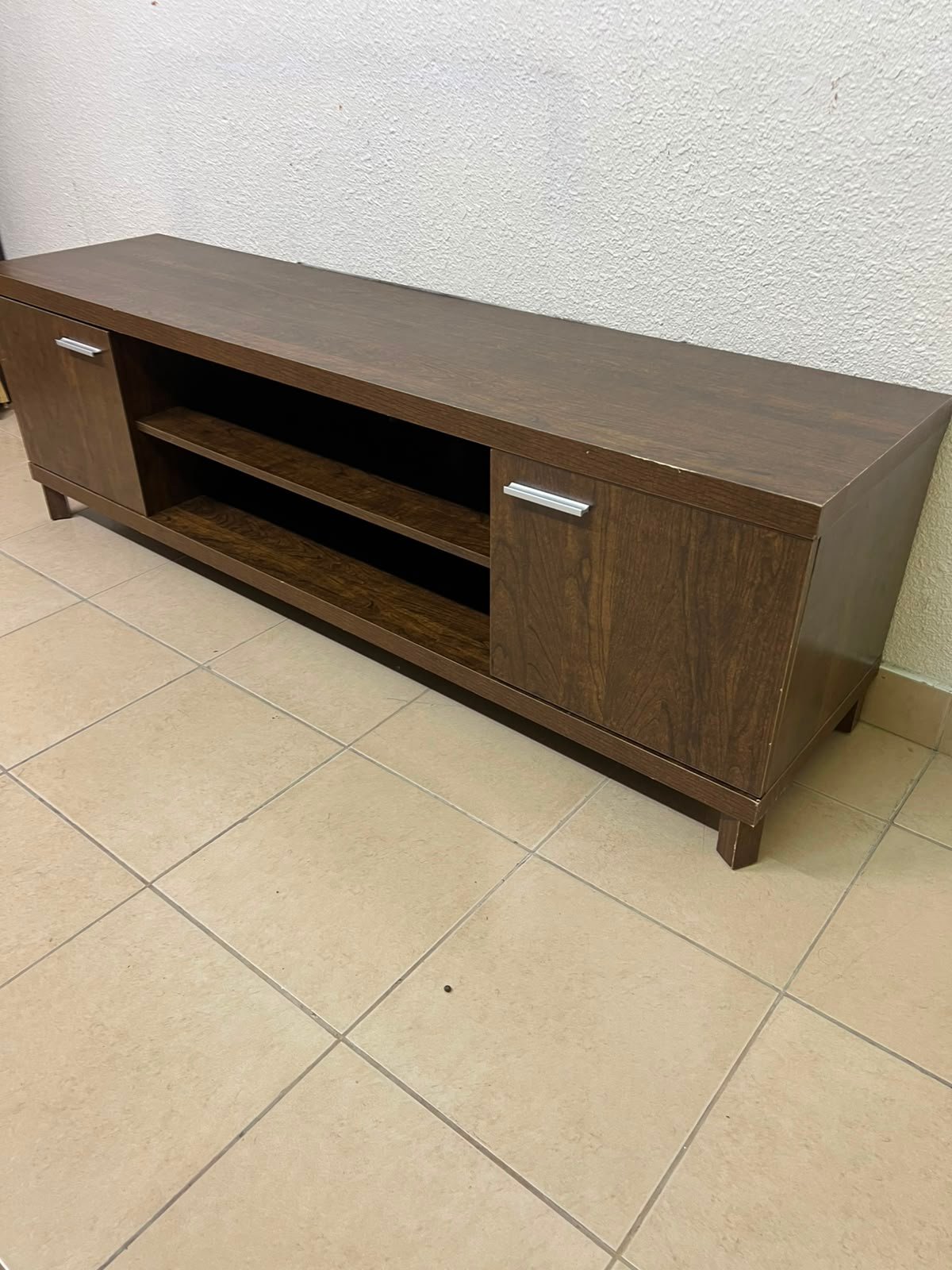 Dark Walnut TV Stand / Media Console with 2 Cabinets & 2 Open Shelves – Wood Grain Low-Profile Entertainment Center with Silver Handles - Image 11