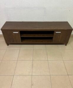 Dark Walnut TV Stand / Media Console with 2 Cabinets & 2 Open Shelves – Wood Grain Low-Profile Entertainment Center with Silver Handles