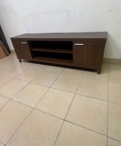 Dark Walnut TV Stand / Media Console with 2 Cabinets & 2 Open Shelves – Wood Grain Low-Profile Entertainment Center with Silver Handles - Image 13