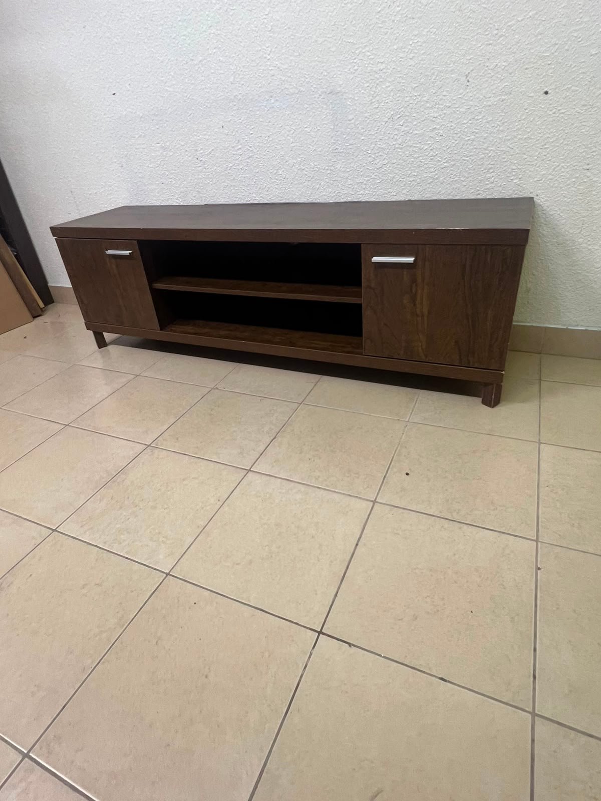 Dark Walnut TV Stand / Media Console with 2 Cabinets & 2 Open Shelves – Wood Grain Low-Profile Entertainment Center with Silver Handles - Image 13