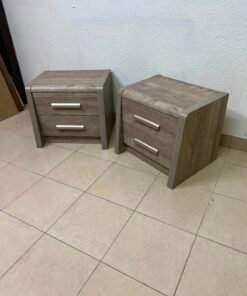 Set of 2 Grey Wood Grain 2-Drawer Nightstands – Modern Bedside Tables with Curved Edges & Silver Bar Handles - Image 2