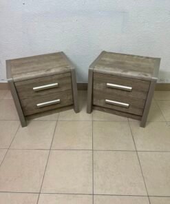 Set of 2 Grey Wood Grain 2-Drawer Nightstands – Modern Bedside Tables with Curved Edges & Silver Bar Handles - Image 3