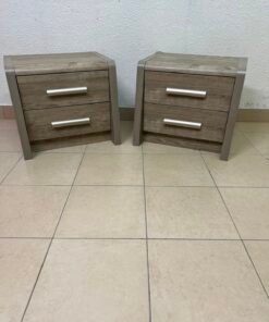 Set of 2 Grey Wood Grain 2-Drawer Nightstands – Modern Bedside Tables with Curved Edges & Silver Bar Handles