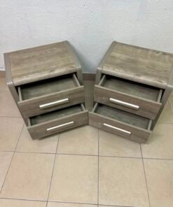 Set of 2 Grey Wood Grain 2-Drawer Nightstands – Modern Bedside Tables with Curved Edges & Silver Bar Handles - Image 6