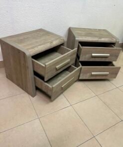 Set of 2 Grey Wood Grain 2-Drawer Nightstands – Modern Bedside Tables with Curved Edges & Silver Bar Handles - Image 9