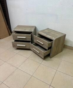 Set of 2 Grey Wood Grain 2-Drawer Nightstands – Modern Bedside Tables with Curved Edges & Silver Bar Handles - Image 8