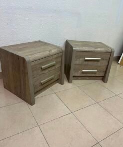 Set of 2 Grey Wood Grain 2-Drawer Nightstands – Modern Bedside Tables with Curved Edges & Silver Bar Handles - Image 10