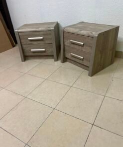 Set of 2 Grey Wood Grain 2-Drawer Nightstands – Modern Bedside Tables with Curved Edges & Silver Bar Handles - Image 11