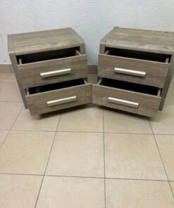 Set of 2 Grey Wood Grain 2-Drawer Nightstands – Modern Bedside Tables with Curved Edges & Silver Bar Handles - Image 12