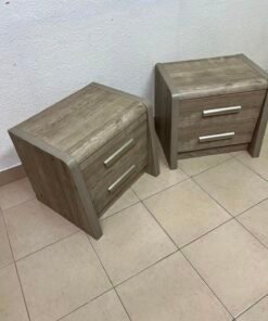 Set of 2 Grey Wood Grain 2-Drawer Nightstands – Modern Bedside Tables with Curved Edges & Silver Bar Handles - Image 13